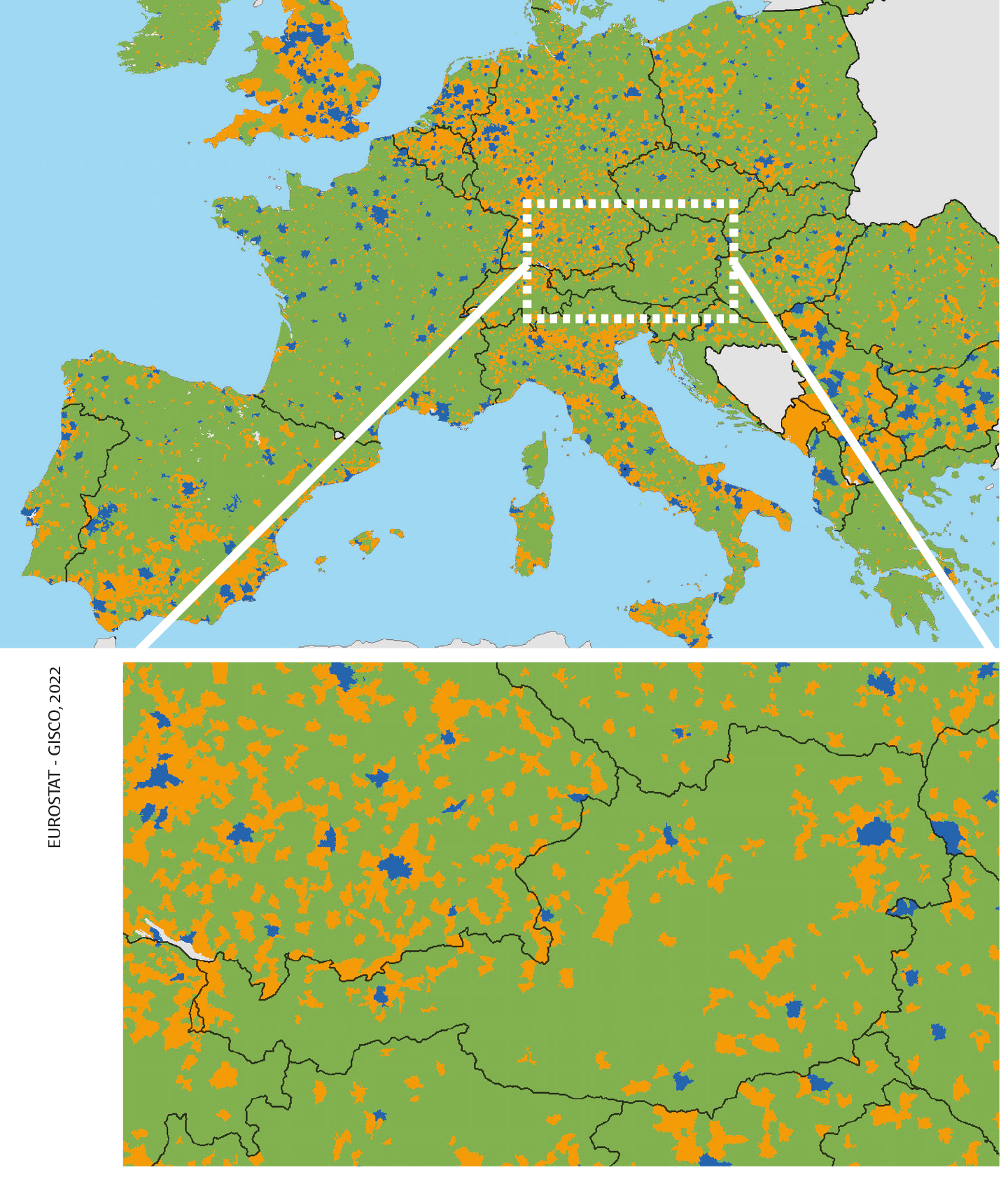 Eurostat-Karte mit Städten und Kleinstädten