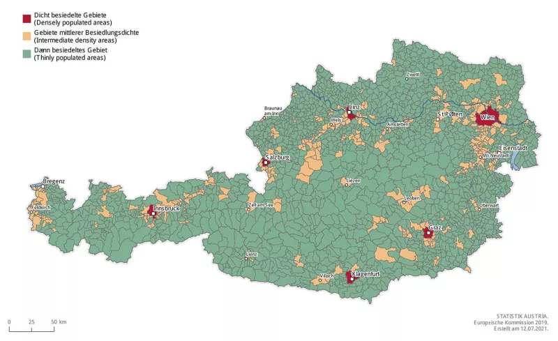 Grad der Urbanisierung nach Gemeinden in Österreich.